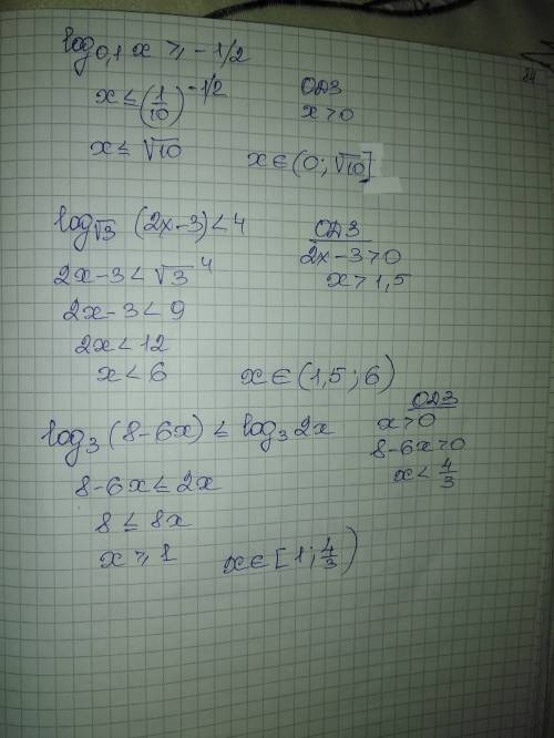 Нужна 1) log 0,1 x> -1/2 2) log✓3 (2x-3) < 4 3) log3(8-6x)≤log3 2x решение уже есть кроме реше