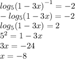 log_{5} {(1 - 3x)}^{ - 1} = - 2 \\ - log_{5}(1 - 3x) = - 2 \\ log_{5}(1 - 3x) = 2 \\ {5}^{2} = 1 - 3x \\ 3x = - 24 \\ x = - 8