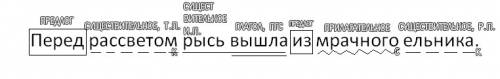 Синтаксический разбор предложения. перед рассветом рысь вышла из мрачного ельника.