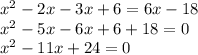 {x }^{2} - 2x - 3x + 6 = 6x - 18 \\ {x}^{2} - 5x - 6x + 6 + 18 = 0 \\ {x}^{2} - 11x + 24 = 0 \\