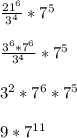 \frac{21^{6} }{3^{4}}*7^{5}\\ \\\frac{3^{6}*7^{6}}{3^4}*7^{5}\\ \\3^{2}*7^{6}*7^{5}\\\\9*7^{11}\\\\