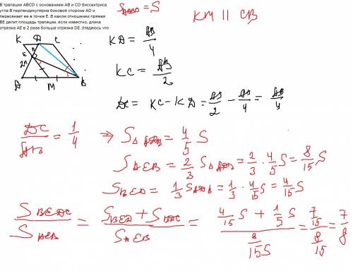 Втрапеции abcd с основанием ab и cd биссектриса угла b перпендикулярна боковой стороне ad и пересека