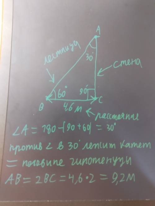 Угол подъёма лестницы, опирающейся на стену, составляет 60°, а подножие лестницы-4,6 м от стены. дли