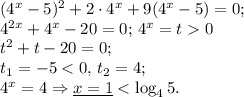 (4^x-5)^2+2\cdot4^x+9(4^x-5)=0;\\4^{2x}+4^x-20=0;\, 4^x=t0\\t^2+t-20=0;\\t_1=-5