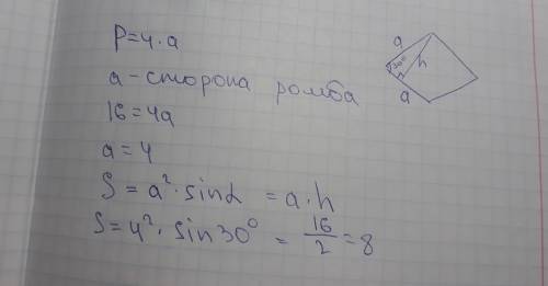 Периметр ромба равен 16 а один из углов равен 30 найти площадь ромба