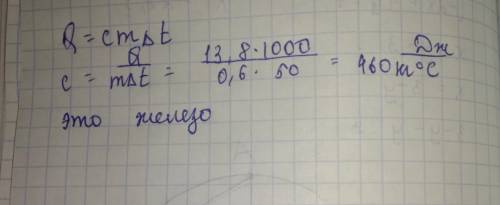 Чтобы нагреть 600 гр металла от 10 градусов с до 60 градусов с то понадобиться 13,8 кдж вопрос какое