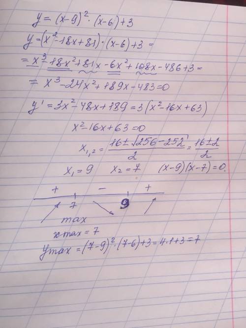 Найдите точку максимума функции y = (x-9)^2 * (x-6) + 3