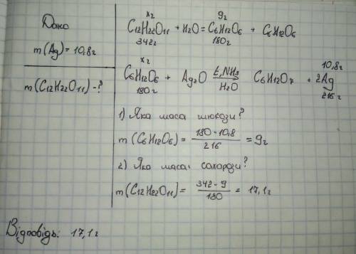 Обчисліть масу сахарози, яку піддали гідролізу, якщо внаслідок вза- ємодії продукту гідролізу з амон