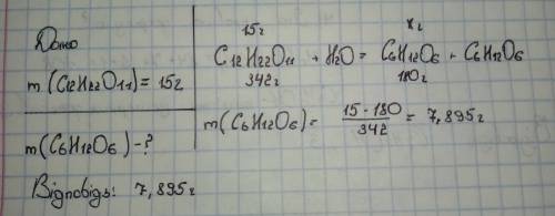 Обчисліть масу глюкози, яка утворилася внаслідок повного гідролізу 15 г сахарози.