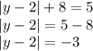 |y - 2| + 8 = 5 \\ |y - 2| = 5 - 8 \\ |y - 2| = - 3