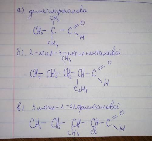 Напишіть структурні формули молекул таких кислот: а) диметилпропанової б)2-етил-3-метилпентанової в)