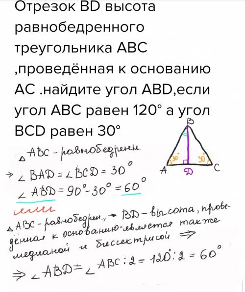 Отрезок bd высота равнобедренного треугольника abc ,проведённая к основанию ac .найдите угол abd,есл