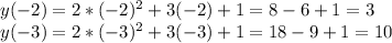 y(-2)=2*(-2)^2+3(-2)+1=8-6+1=3\\y(-3)=2*(-3)^2+3(-3)+1=18-9+1=10