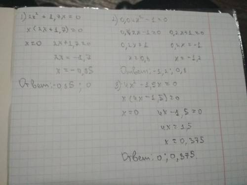 Решите уравнения 1. 2x^2+1,7x=0 2.0,04x^2-1=0 3.4x^2-1,5x=0