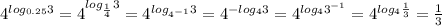 4^{log_{0.25}3}=4^{log_{\frac{1}{4}}3}=4^{log_{4^{-1}}3}=4^{-log_{4}3}=4^{log_{4}3^{-1}}=4^{log_{4}\frac{1}{3}}=\frac{1}{3}