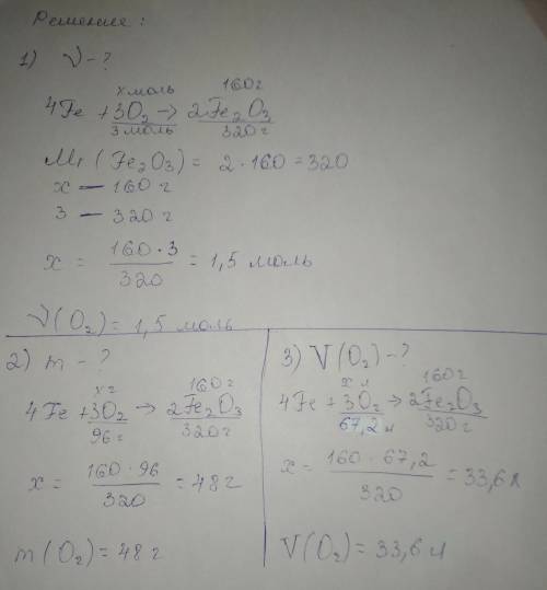 Дано: fe+o2=fe2o3 m(fe2o3)=160гр найти: n( m( v(