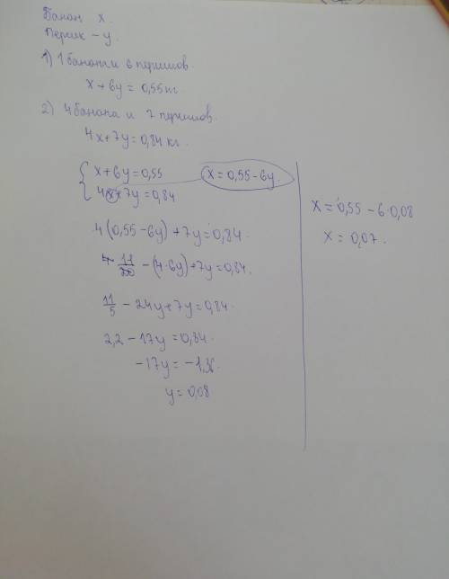 Масса 1-ого банана и 6-ти персиков 0,55 кг, а маса 4 бананов и 7-ми персиков - 0,84 кг. какая масса