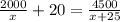 \frac{2000}{x}+20=\frac{4500}{x+25}