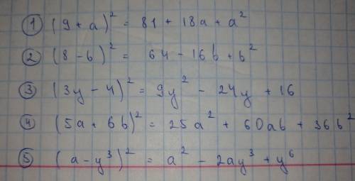 Возведение в квадрат и в куб суммы и разности двух выражений. 1) (9+а)² 2) (8-b)² 3) (3y-4)² 4) (5a+