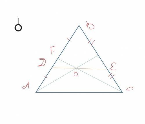 Срешениемв треугольнике abc ac=12 см. через точку пересечения медиан прямая de (d пересекается с ав,
