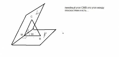 Двугранный угол равен 30 градусам. из точки m на его ребре в гранях двугранного угла проведены перпе