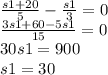 \frac{s1+20}{5}-\frac{s1}{3}=0\\\frac{3s1+60-5s1}{15}=0\\30s1=900\\s1=30