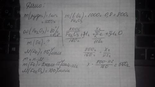 Какую массу железа можно получить из одного килограмма железной руды, содержащего 80% feo (3 валентн