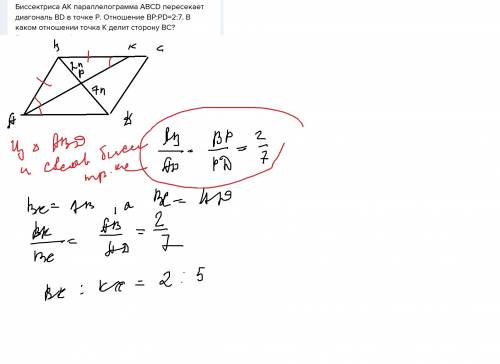 Биссектриса ак параллелограмма авсd пересекает диагональ bd в точке р. отношение вр: pd=2: 7. в како