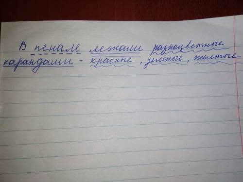Синтаксический разбор предложения : в пенале лежали разноцветные карандаши красные зеленые желтые