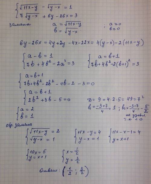 Решите систему иррациональных уравнений тут можно сделать замену переменной [tex] \sqrt{11x - y} - \