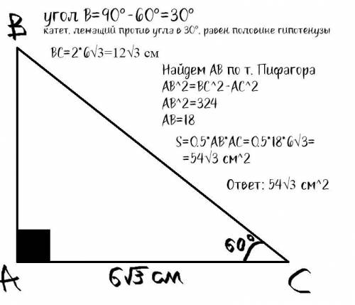 Знайдіть площу прямокутного трикутника з катетом 6√3 см і прилеглим кутом 60