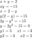 x + y = 2 \\ xy = -15 \\ x = 2 - y \\ y(2 - y) = - 15 \\ 2y - {y}^{2} = - 15 \\ {y - 2y}^{2} - 15 = 0 \\ y1 = 5 \: \: \: \: \: \: x 1= - 3\\ y2 = - 3 \: \: \: \: \: \: x 2= 5