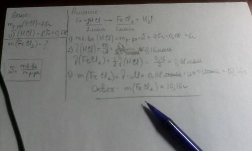 Спо ! вычислить массу хлорида железа (ll),который получается при действии на железо 75 г-8% соляной