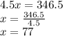 4.5x = 346.5 \\ x = \frac{346.5}{4.5} \\ x = 77