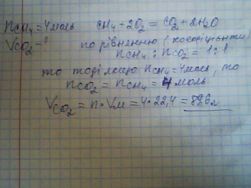 При спалювани метана килькистью речовини 4 моль утворився вуглекислий газ об'эмом (н,у) а-88,6л б-67