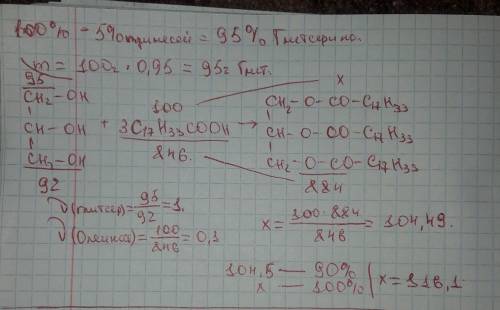 30 рассчитать массу 3-олеина, образующегося при нагревании 100 г глицерин, содержащего 5 % примесей