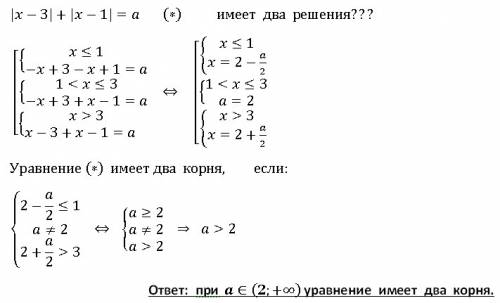 Найдите все значения параметра а, при каждом из которых уравнение /х-3/+/х-1/=а имеет два решения