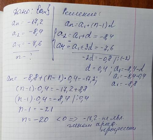 Является ли число -17,2 членом арифметической прогрессии в которой а2=-8,4, а4=-7,6