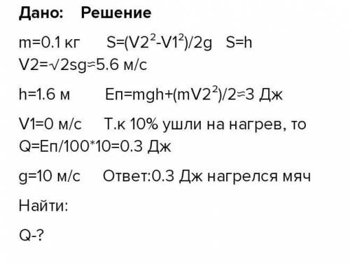 Мяч массой 0,1 кг падает с высоты 1,6 м из состояния покоя на горизонтальный пол. в результате удара