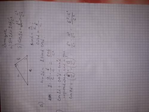 Для прямоугольного треугольника доказать, что a)sin2a=2ab/c^2 b)cos2a=b^2-a^2/c^2 ,где a,b,c - сторо