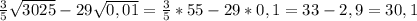 \frac{3}{5}\sqrt{3025}-29\sqrt{0,01}=\frac{3}{5}*55-29*0,1=33-2,9=30,1