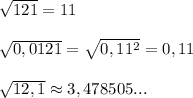 \sqrt{121}=11\\\\\sqrt{0,0121}=\sqrt{0,11^{2}}=0,11\\\\\sqrt{12,1}\approx 3,478505...