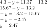 4.3 - y + 11.37 = 13.2 \\ 15.67 - y = 13.2 \\ - y = 13.2 - 15.67 \\ - y = - 2.47 \\ y = 2.47