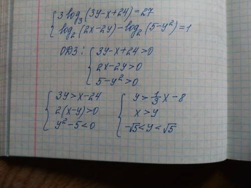 Решите систему уравнение { 3log3(3y-x+24)=27 log2(2x-2y)-log2(5-y^2)=1​я забыла ответ написать