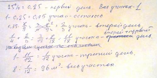 За 3 дня шестиклассники пропололи участок огорода. в первый день они пропололи 25% участка, а во вто