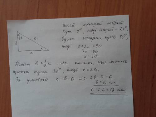 Упрямокутному трикутнику один з гострих кутів удвічі менший від іншого.а різниця гіпотенузи і меншог