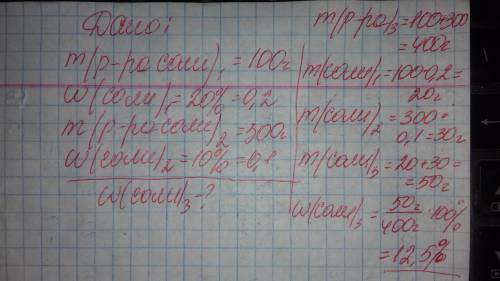 В100 г 20%-го раствора соли добавили 300 г её 10%-го раствора. определите процентную концентрацию ра