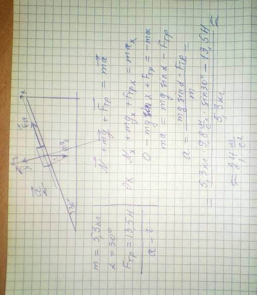 тело массой 5,3 кг скользит по наклонной плоскости с углом наклона 30°. чему равно ускорение тела, е