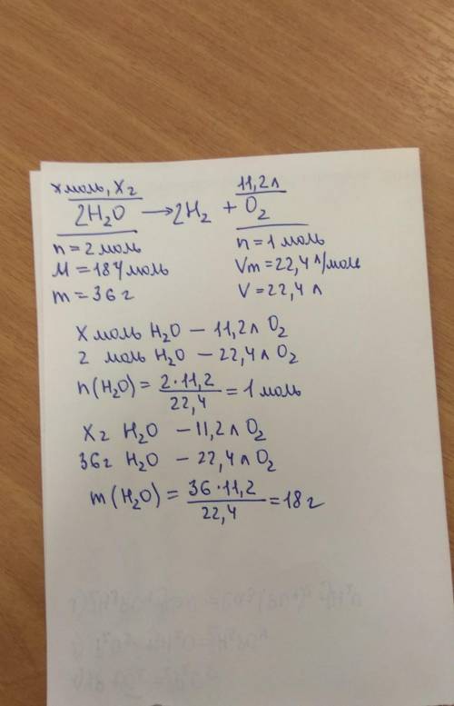 Какое количество вещества и масса воды потребуется для получения 11,2 л кислорода? ​