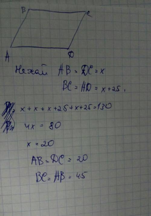 Перитметр паралелограма дорівнює 130 см. одна із його сторін більша від другої на 25 см. знайдіть ст